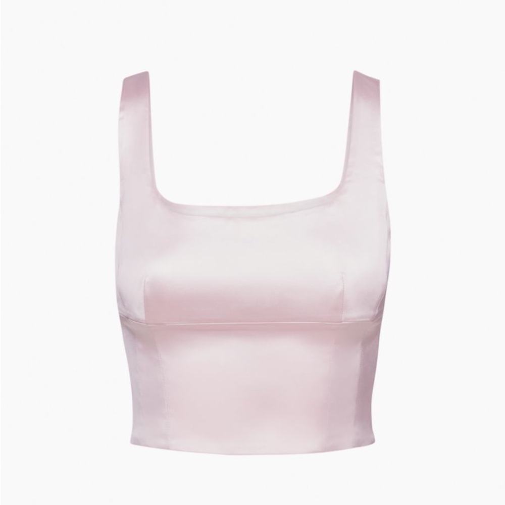 Aritzia Wilfred Shine Satin Bustier Crop Top in Mochi Pink